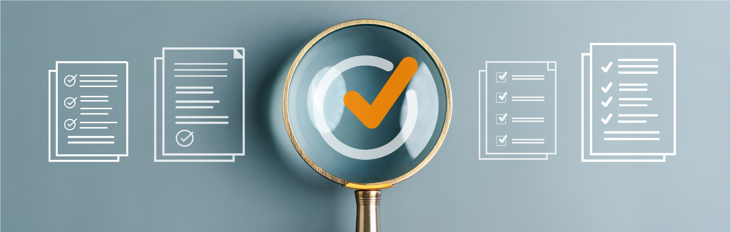 A image of a magnifying glass looking at a checkmark and document icons on either side.